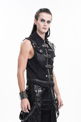 Black Lapel Collar Sleeveless Ripped Buckle Eyelets Men's Gothic Vest - Product - 5
