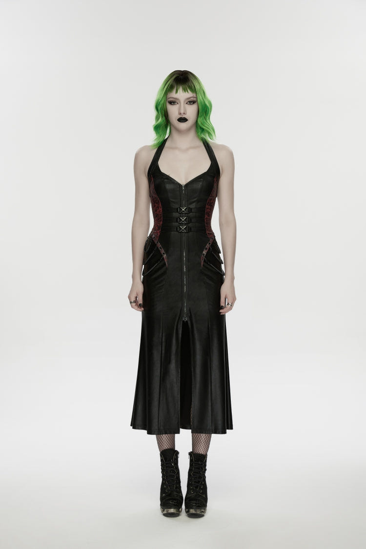 Black/Red Halterneck Sleeveless Lace-Up Slim Buckled Women's Punk Dress - Product - 2