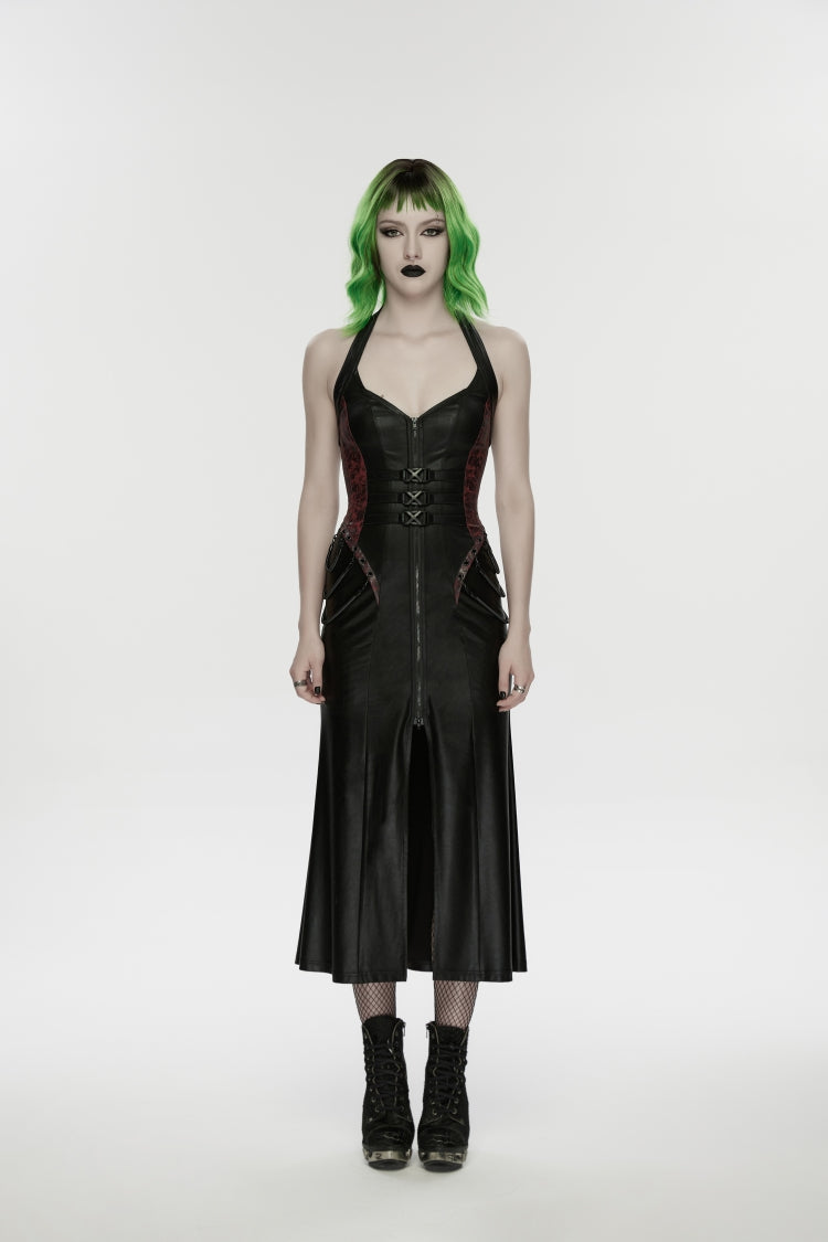 Black/Red Halterneck Sleeveless Lace-Up Slim Buckled Women's Punk Dress - Product - 2
