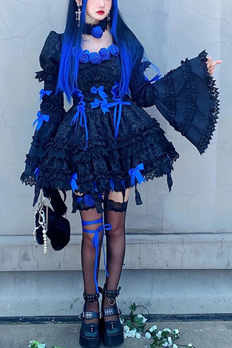 Black/Blue Puff Short Sleeves Princess Gothic Lolita Tiered Dress - Black/Blue - 1