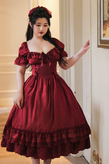 Red Short Puff Sleeves Multi-Layered Ruffle Bowknot Classic Vintage Lolita Dress - Red - 1