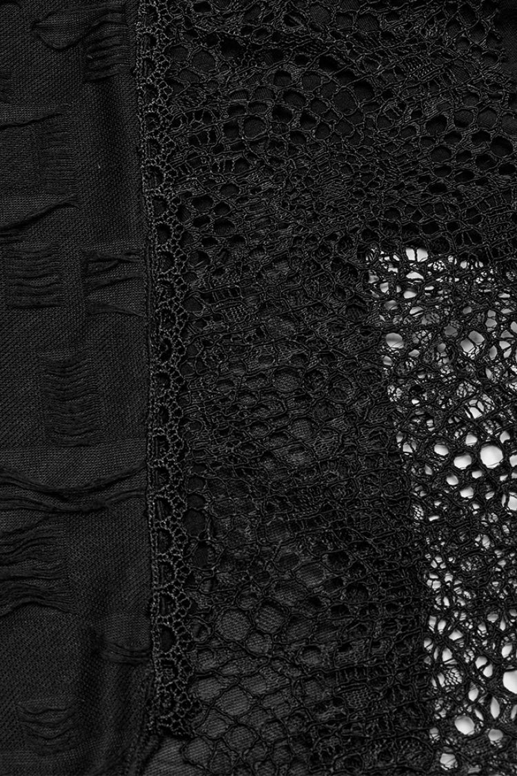 Black Sleeveless Lace Irregular Ripped Women's Gothic Party Slip Dress - Product - 6