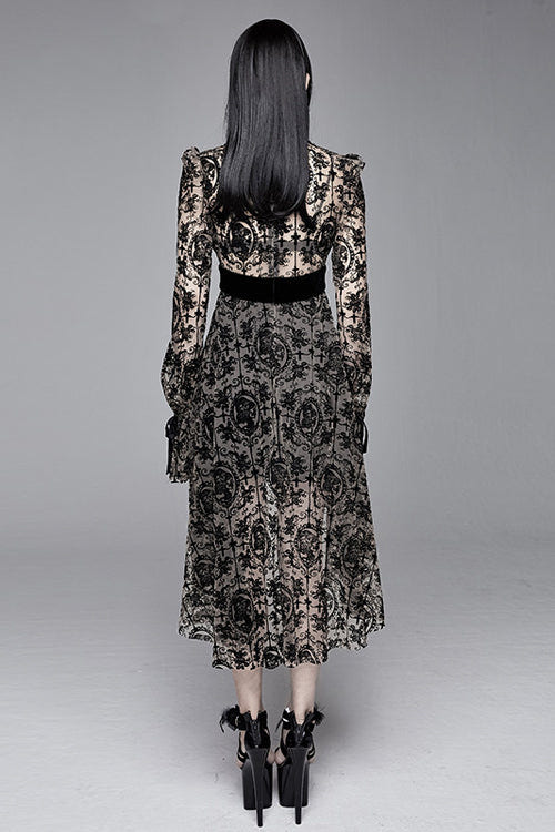 Apricot See Through Printed Long Sleeves Velvet Belted Womens Gothic Dress With Tie - Product - 3