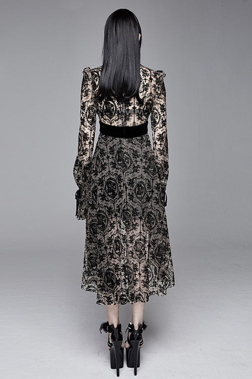Apricot See Through Printed Long Sleeves Velvet Belted Womens Gothic Dress With Tie - Product - 3