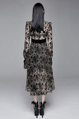 Apricot See Through Printed Long Sleeves Velvet Belted Womens Gothic Dress With Tie - Product - 3