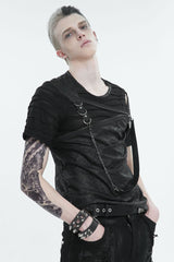 Black Left Off Shoulder Chest Zipper Embellished Men's Punk Short Sleeve - Product - 3
