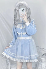Blue Cross Angel Long Sleeves Ruffle Sweet Jirai Kei Japanese Dress - Blue - 1