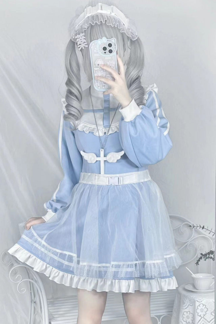 Blue Cross Angel Long Sleeves Ruffle Sweet Jirai Kei Japanese Dress - Blue - 1