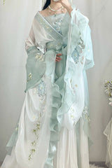 Green High Waisted Print Embroidery Sweet Hanfu Dress Full Set - Green - 1