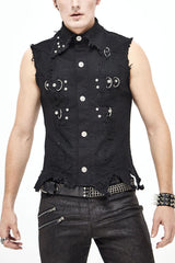 Black Worn Out Twill Mesh Decoration Rough Selvedge Hem Heavy Metal Men's Punk Waistcoat - Black - 1
