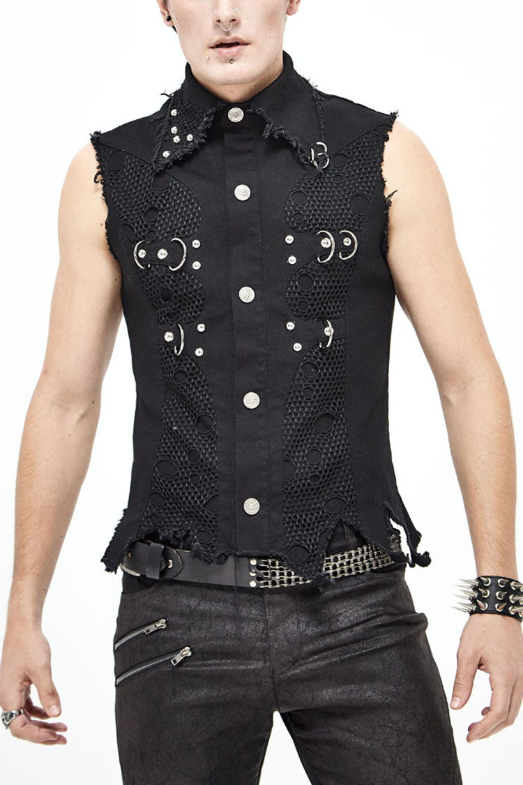 Black Worn Out Twill Mesh Decoration Rough Selvedge Hem Heavy Metal Men's Punk Waistcoat - Black - 1