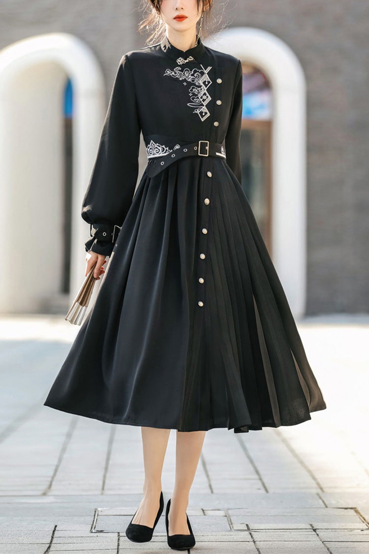 Black Mysterious Long Sleeves Chinese Style Single Breasted High Waisted Print Hanfu Dress - Black - 1