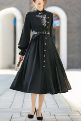 Black Mysterious Long Sleeves Chinese Style Single Breasted High Waisted Print Hanfu Dress - Black - 1