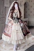 Brown Versailles Palace Oil Painting Print Ruffle Cardigan Bowknot Sweet Elegant (Set) front view