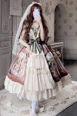 Brown Versailles Palace Oil Painting Print Ruffle Cardigan Bowknot Sweet Elegant Lolita Jsk Dress - Brown - 1