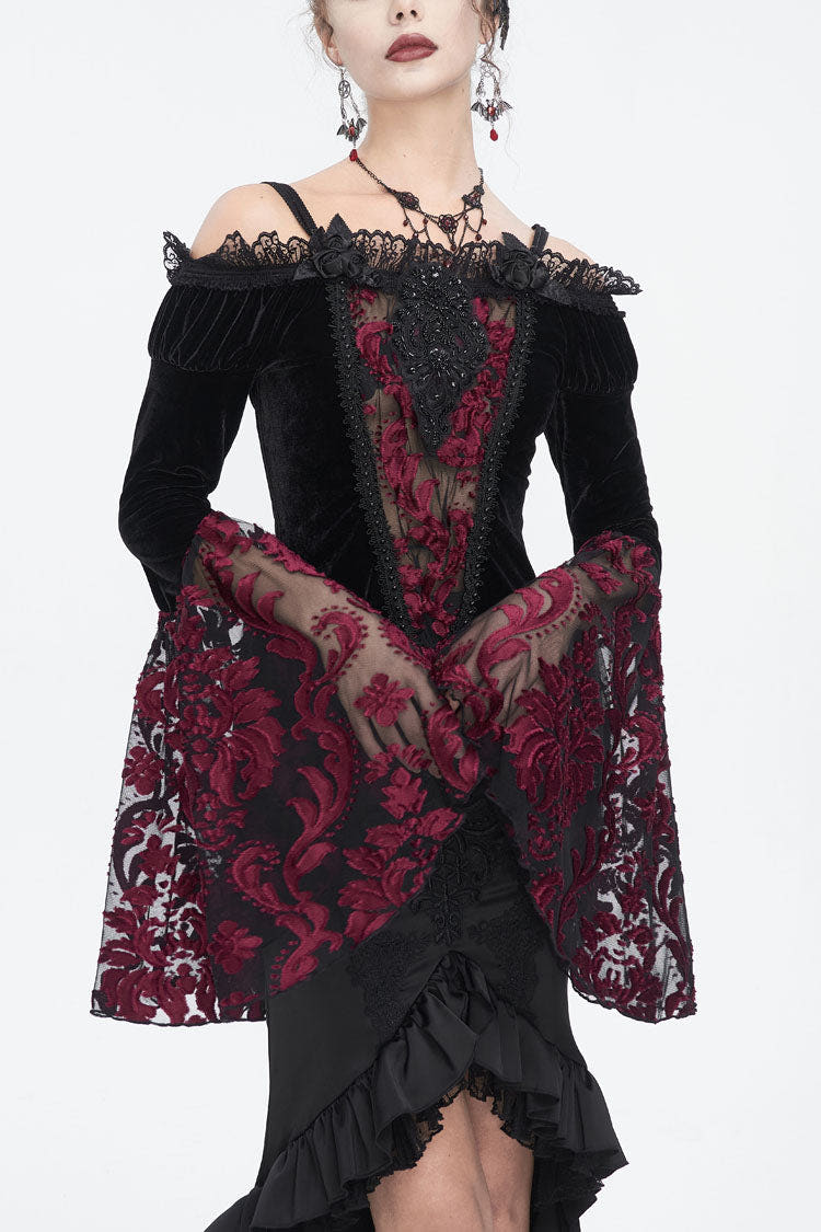 Black/Red Off Shoulder Trumpet Sleeves Embroidery Lace Women's Gothic Blouse - Black/Red - 1