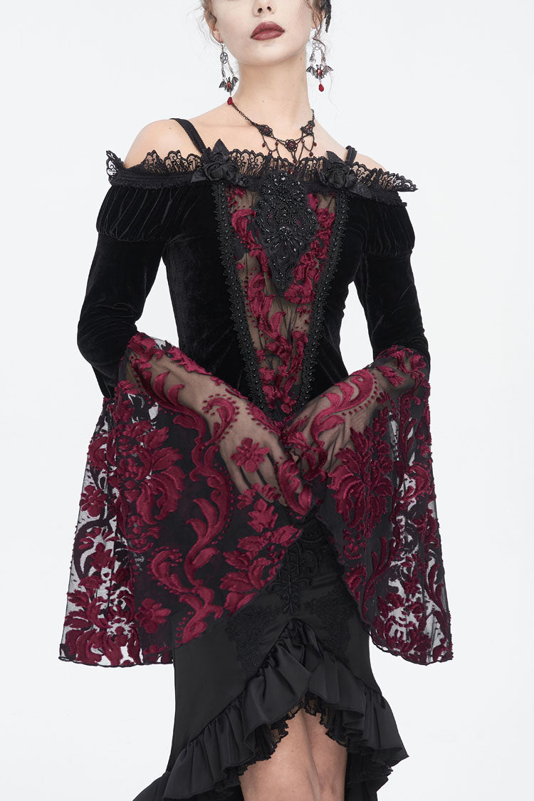 Black/Red Off Shoulder Trumpet Sleeves Embroidery Lace Women's Gothic Blouse - Black/Red - 1