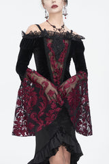 Black/Red Off Shoulder Trumpet Sleeves Embroidery Lace Women's Gothic Blouse - Black/Red - 1