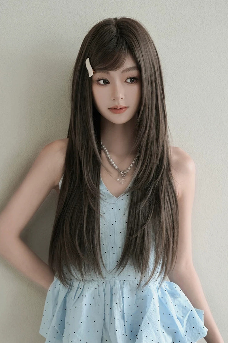 Cool Brown Natural Fluffy Long Layered Straight Sweet Lolita Wig with Air Bangs - Product - 7