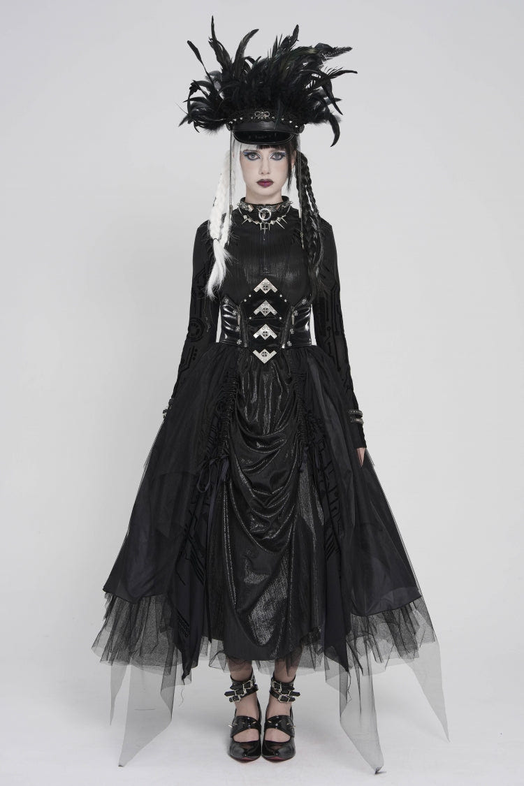 Black Multi-Layered Lace-Up Slim Irregular Asymmetric Eyelet Women's Gothic Long  Skirt - Black - 1