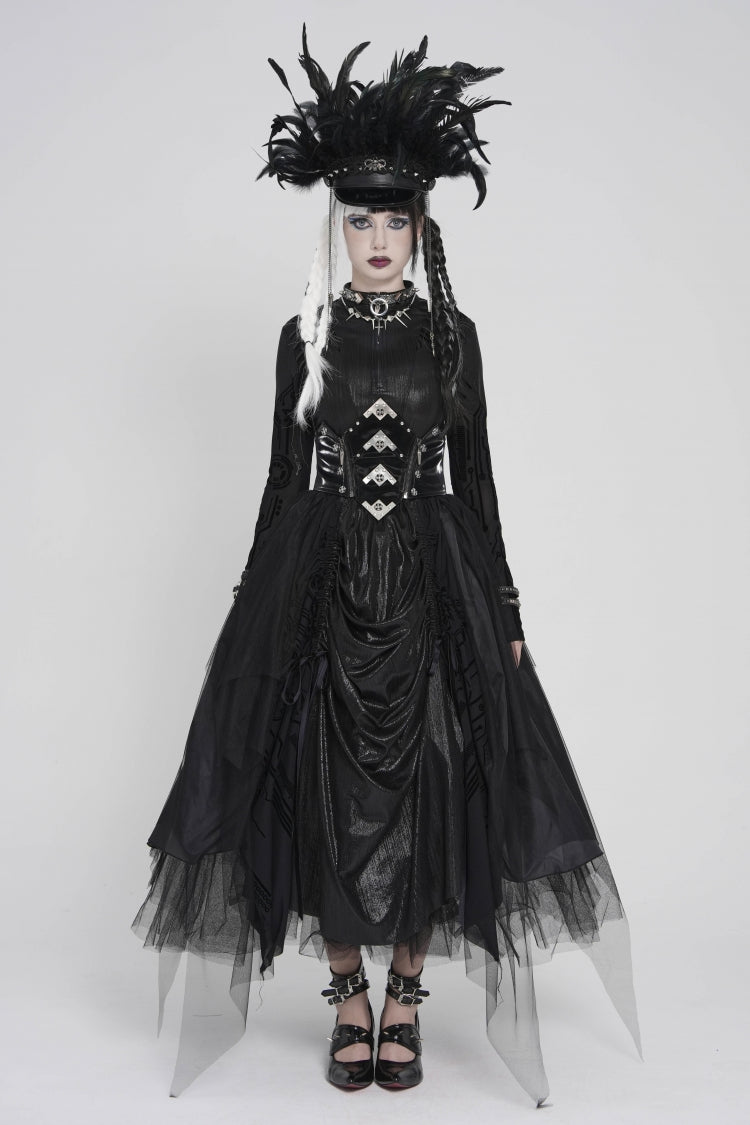 Black Multi-Layered Lace-Up Slim Irregular Asymmetric Eyelet Women's Gothic Long  Skirt - Black - 1
