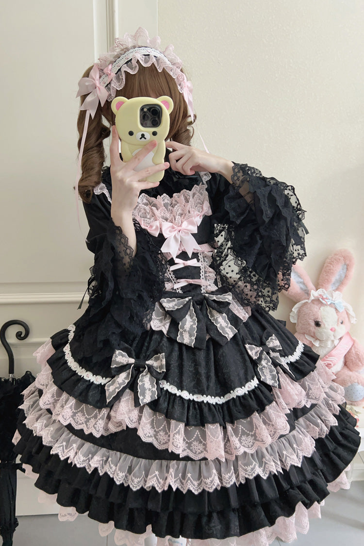 Black/Pink Multi-Layered Ruffle Bowknot Stitching Lace Sweet Lolita Jsk Dress - Product - 2