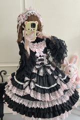 Black/Pink Multi-Layered Ruffle Bowknot Stitching Lace Sweet Lolita Jsk Dress - Product - 2