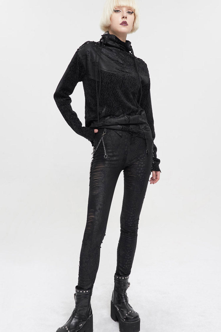 Black Knitted Fabric Detachable Chain Trim Irregular Semi-Perspective Knit Women's Punk Pants - Product - 3
