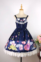 [Bunny Star Paradise] Sleeveless Print Ruffle Bowknot Lace Sweet Lolita Jsk Dress 4 - Dark-Blue - 2