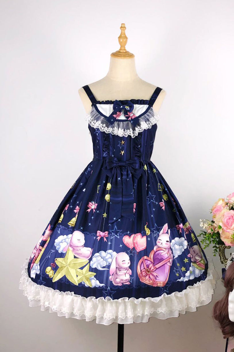 [Bunny Star Paradise] Sleeveless Print Ruffle Bowknot Lace Sweet Lolita Jsk Dress 4 - Dark-Blue - 2