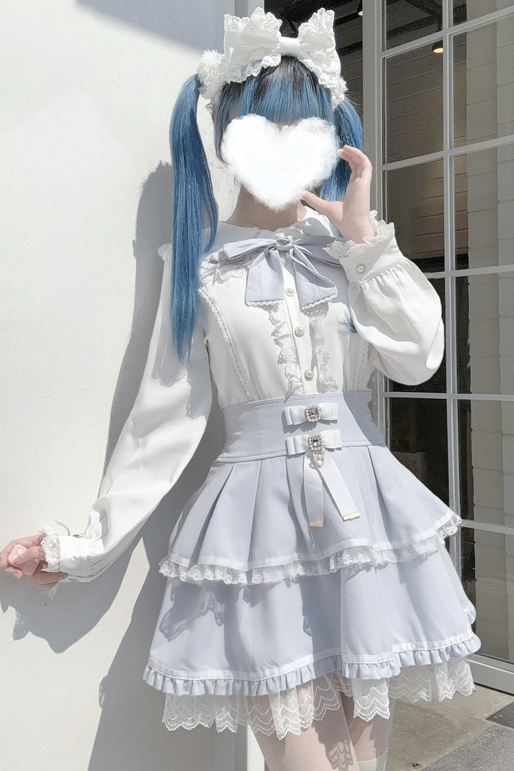 Rabbit Ears Long Sleeves Bowknot Lace Sweet Jirai Kei Japanese Blouse 3 Colors - Aqua - 1