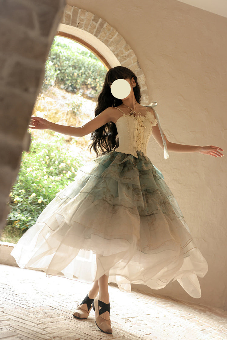 Green Gradient Multi-Layered Print Sweet Lolita Skirt - Product - 4