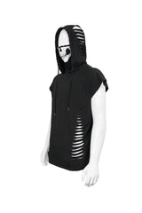 Black Skull Print Super High Neck Masked Rivet Hole Hooded Short Sleeve Men's Punk T-Shirt - Product - 8
