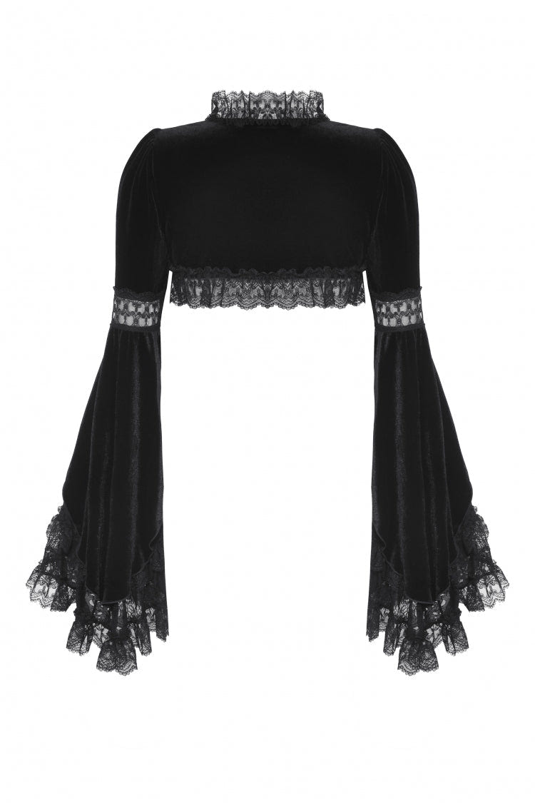 Black Long Puff Flared Sleeves Ruffled Lace Spliced Velvet Women's Gothic Cape - Product - 17