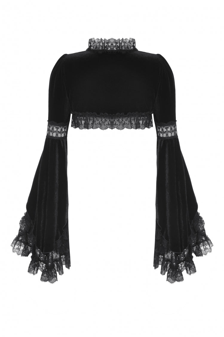 Black Long Puff Flared Sleeves Ruffled Lace Spliced Velvet Women's Gothic Cape - Product - 17
