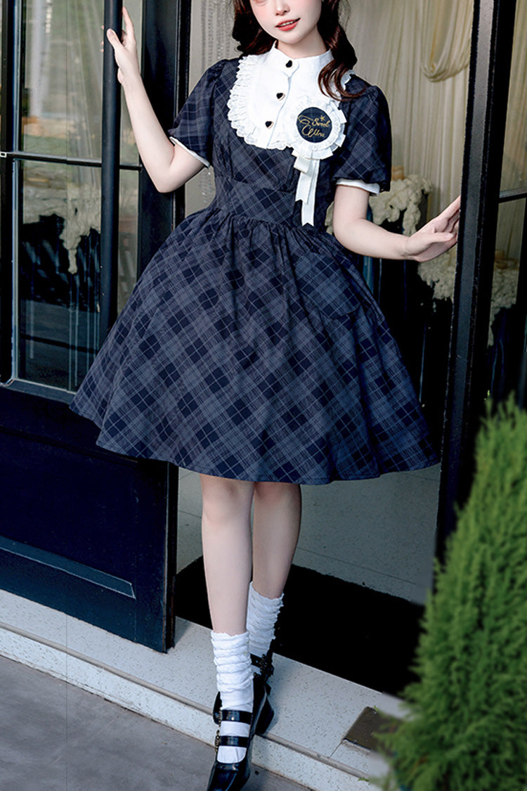 Showa Girls Summer Plaid Print Daily Short Sleeves Classic Princess Lolita Dress 2 Colors - Black - 1