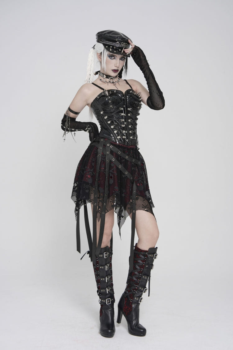 Black Lace-Up Slim Studded Zippered Women's Punk Corset - Product - 10