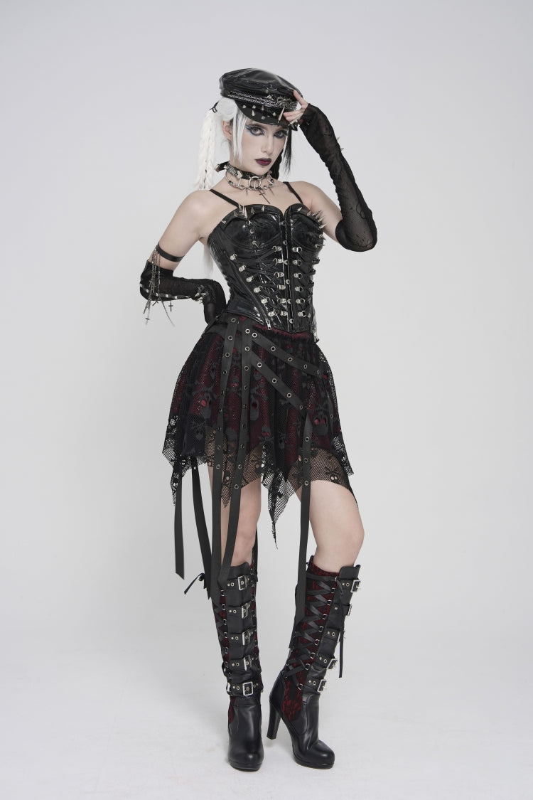 Black Lace-Up Slim Studded Zippered Women's Punk Corset - Product - 10