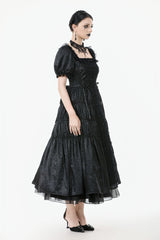Black Lace Square Collar Short Puff Sleeves Lace-Up Ruched Women's Gothic Wedding Dress - Product - 9