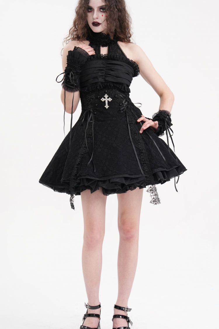 Black Halterneck Cut-out Ruffle Lace Women's Gothic Dress - Product - 4