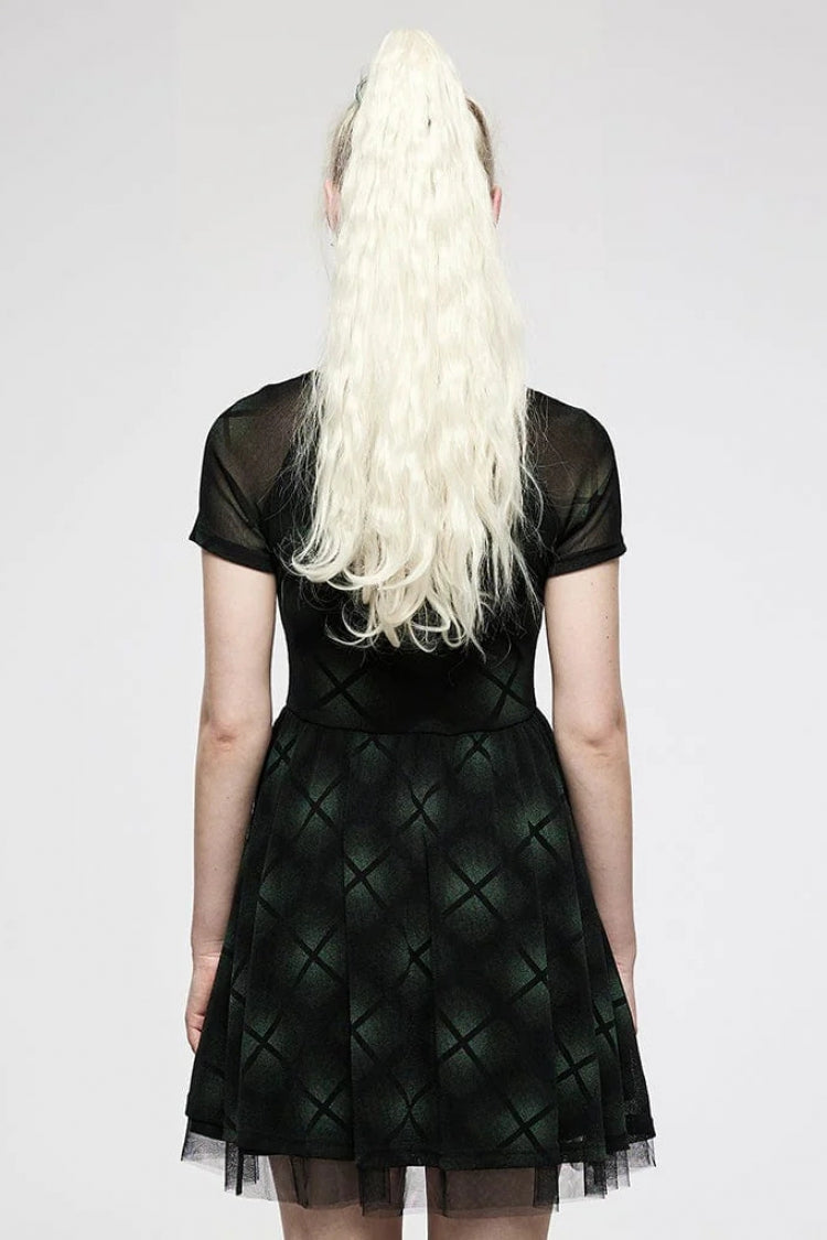 Green Short Sleeves Plaid Print Stitching Mesh Women's Punk Dress - Product - 3