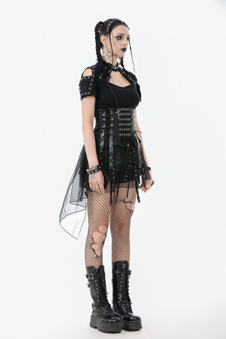 Black High Waisted Lace-Up High/low Mesh Women's Punk Skirt - Product - 7
