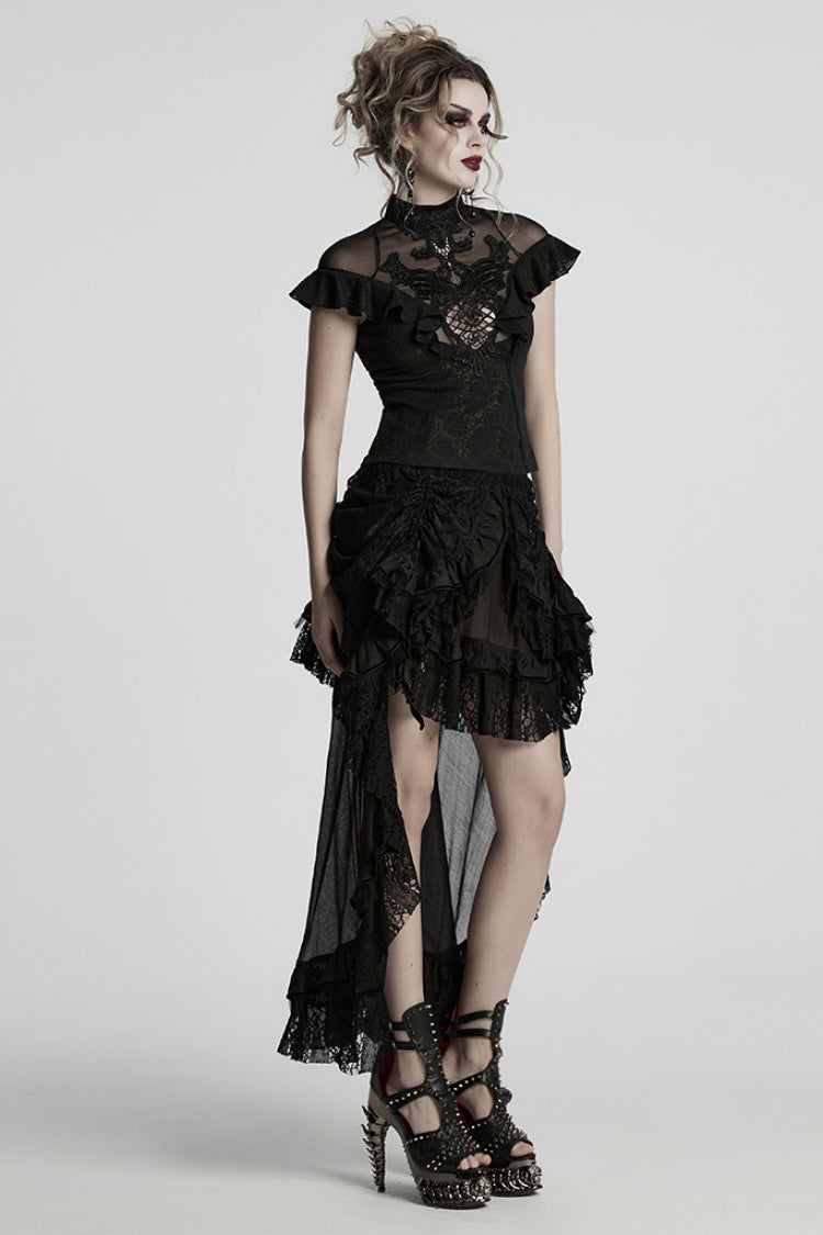 Black Stand Collar Short Sleeves Ruffle Hollow Embroidery Lace Sheer Women's Gothic Blouse - Product - 4