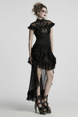 Black Stand Collar Short Sleeves Ruffle Hollow Embroidery Lace Sheer Women's Gothic Blouse - Product - 4