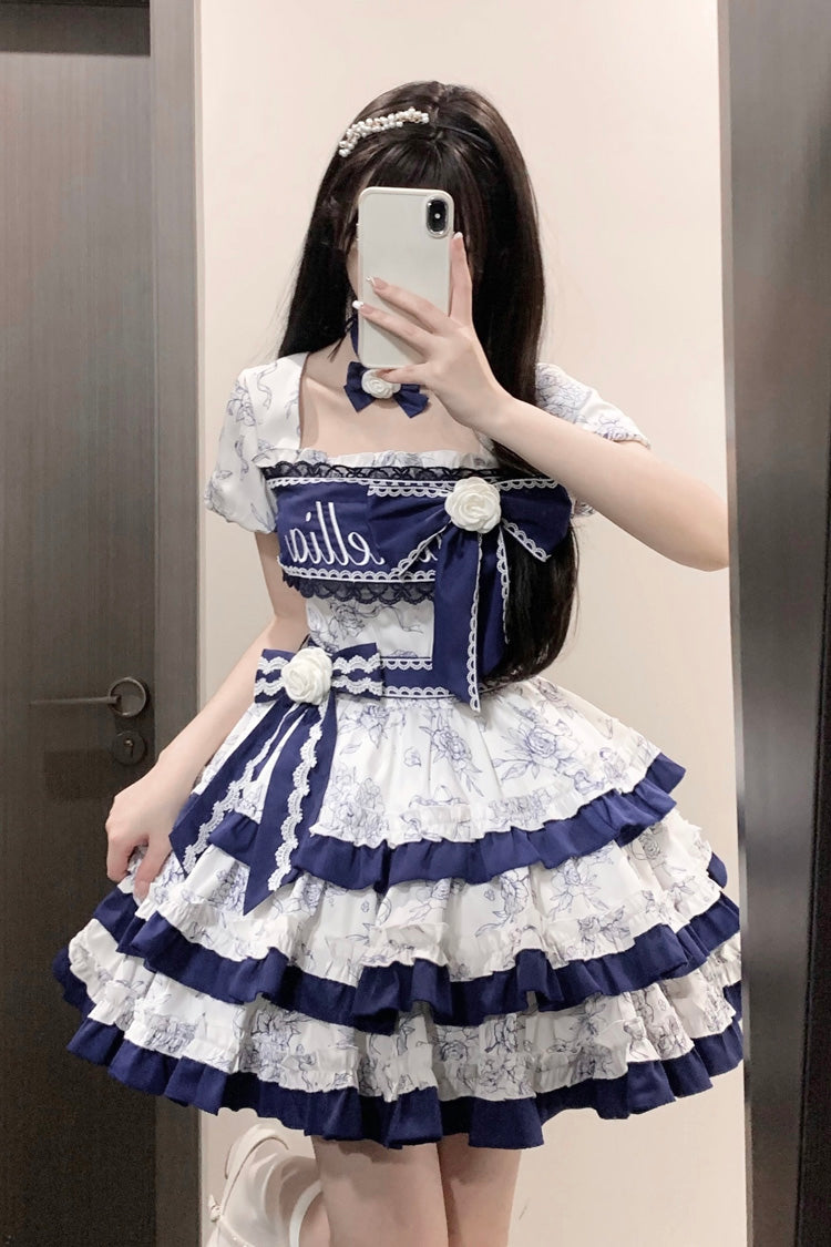 Blue/White Porcelain Print Multi-layer Ruffle Embroidery Bowknot Sweet Lolita Dress - Product - 4