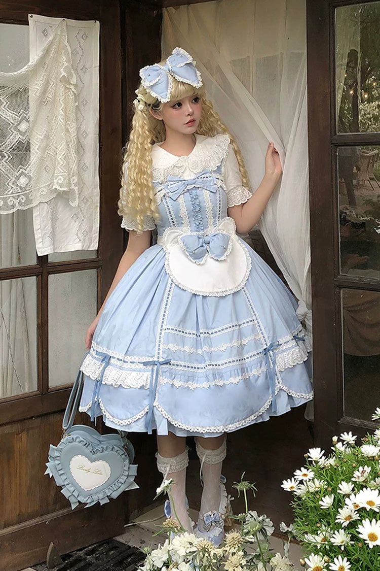 Blue [Petal Bunny] Cotton Sleeveless Ruffled Bow Lace Sweet Elegant Lolita Jsk Dress - Product - 8