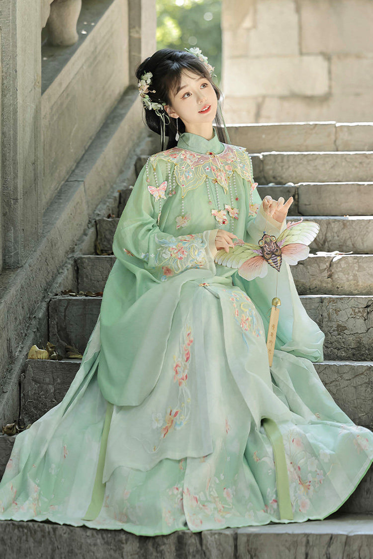 Green [Spring Scenery Gardens] Collar High Waisted Embroidered Women's Sweet Hanfu Dress Set - Product - 4