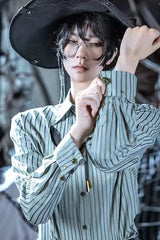 Green Rivet Long Sleeves Stripe Print Slim Ouji Prince Handsome Lolita Blouse - Green - 1