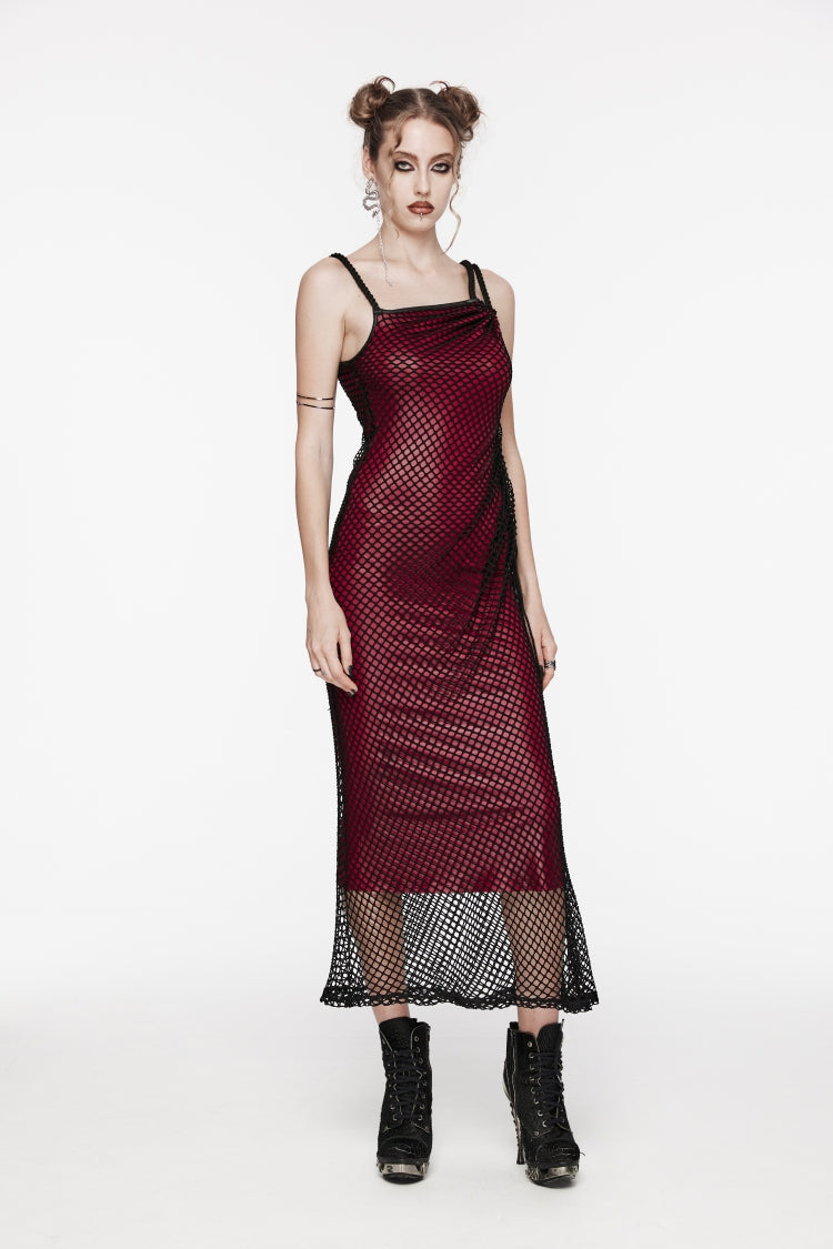 Red Off Shoulder Spliced Slim Mesh Strappy Eyelet Women's Gothic Jsk Dress - Product - 5