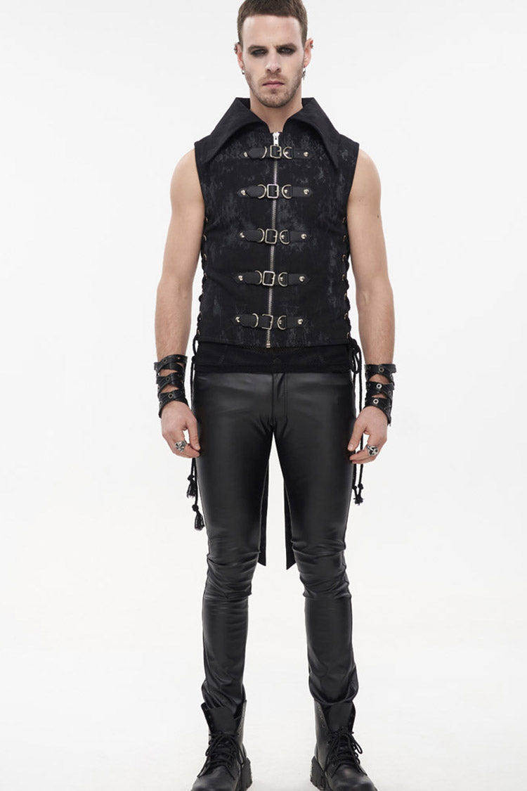 Black Punk Irregular Print D-Shaped Buckle Decoration Waist Side Slits Tied Rope Tight Zipper Men's Dovetail Vest - Product - 4